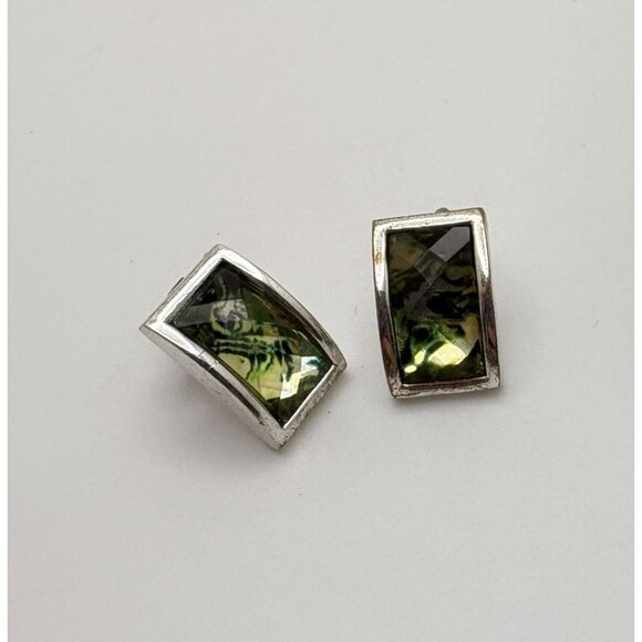 Vintage Silver Tone Green Faceted Earrings Rectangular Stud - Picture 7 of 7